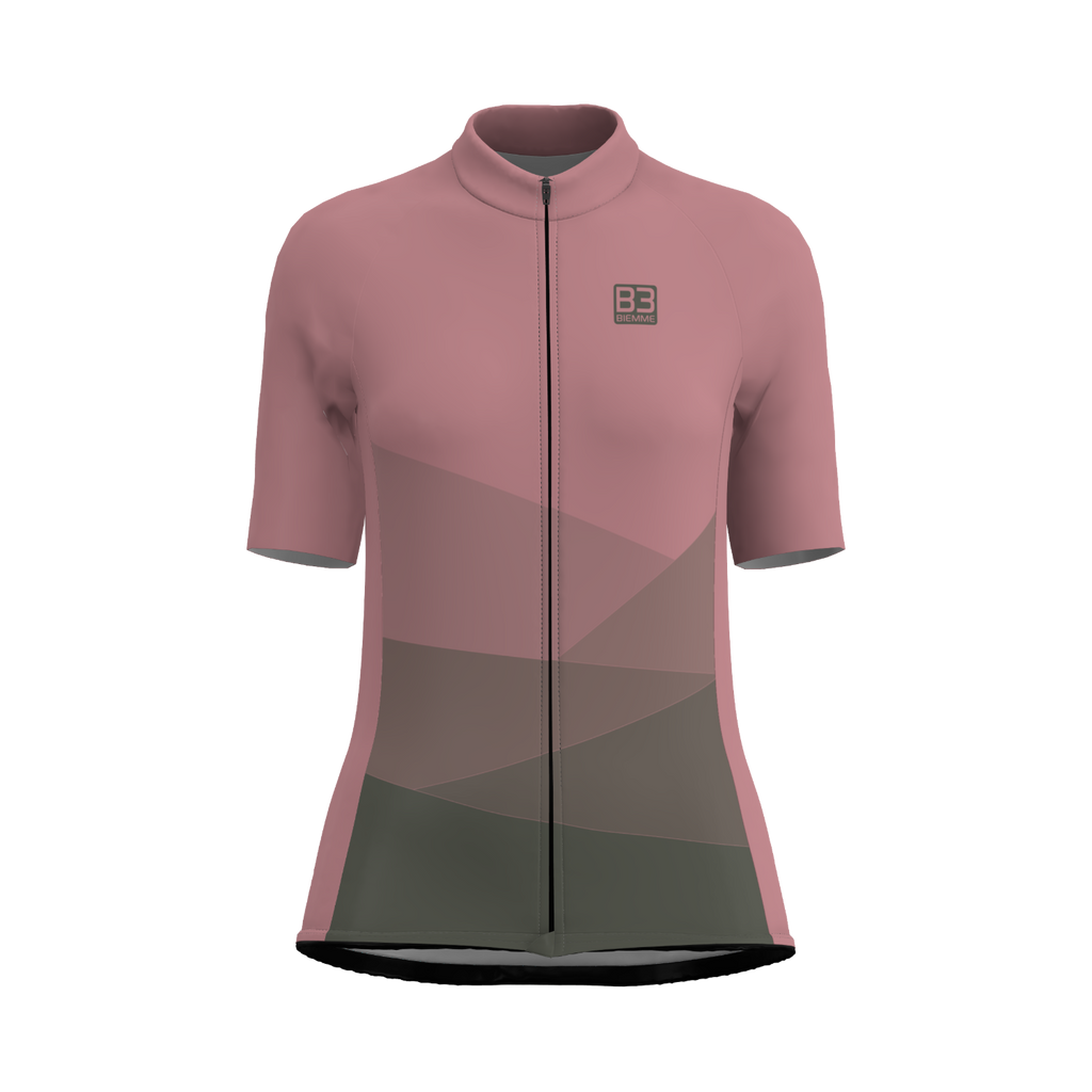 Front view of the Biemme Badlands women’s cycling jersey showing full-length covered zipper and raw-cut short sleeves.