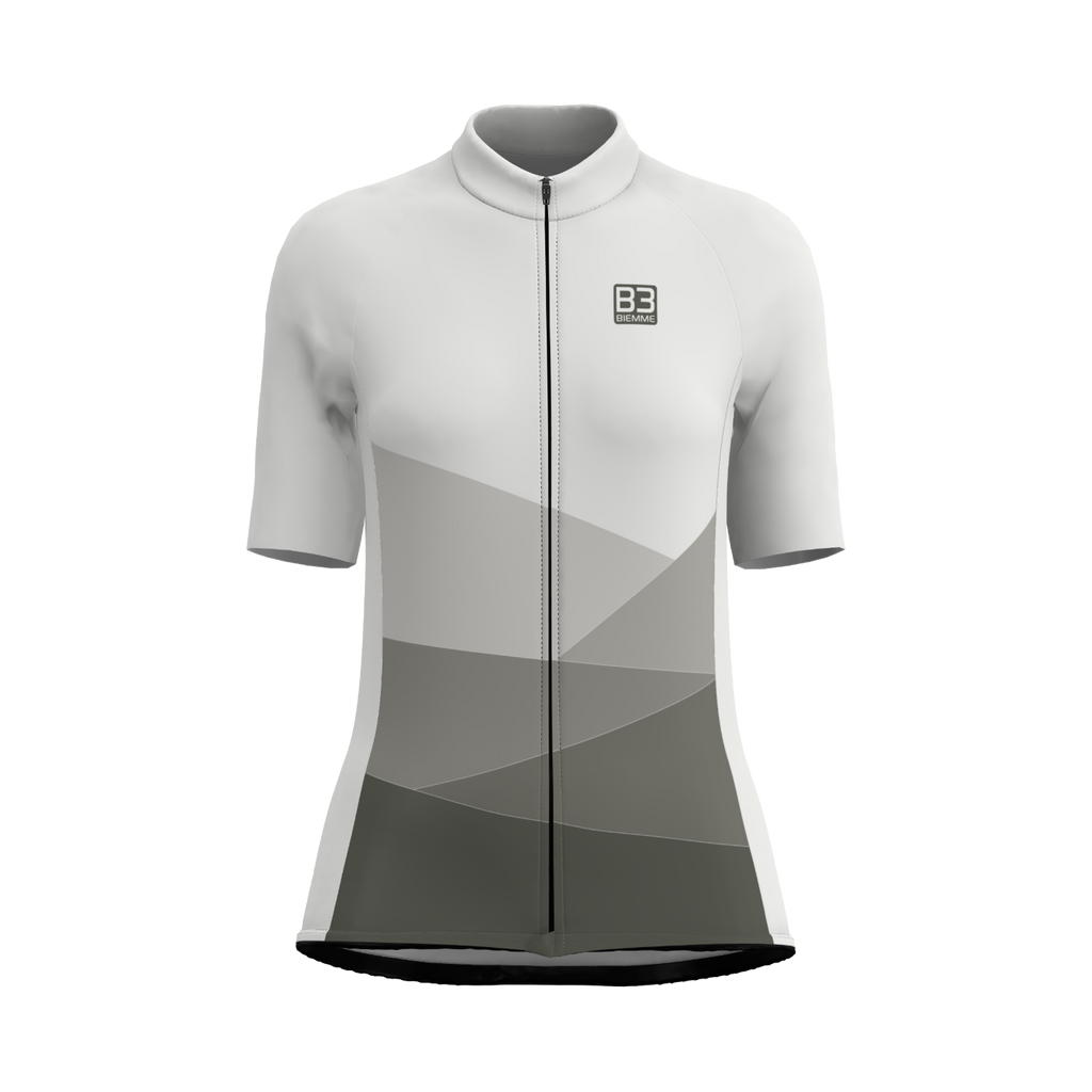 Front view of Biemme Badlands women's white short sleeve cycling jersey with full-length YKK zipper and raw-cut sleeves.