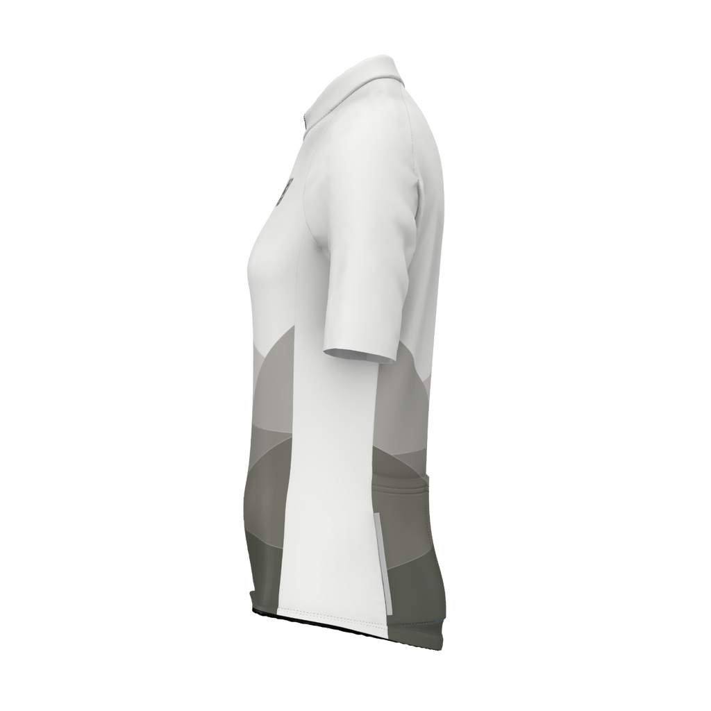 Left side view of cycling jersey highlighting stretch side panels and breathable perforated fabric.